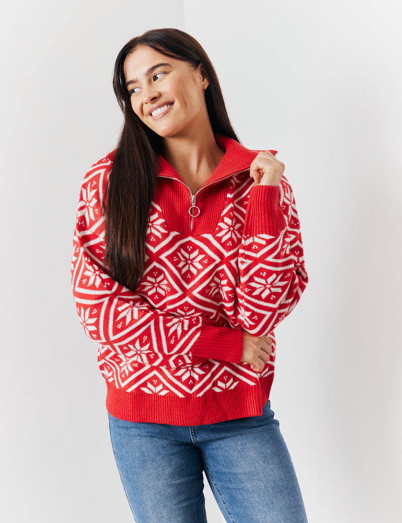 Half Zip Snowflake Fair Isle Knit Jumper