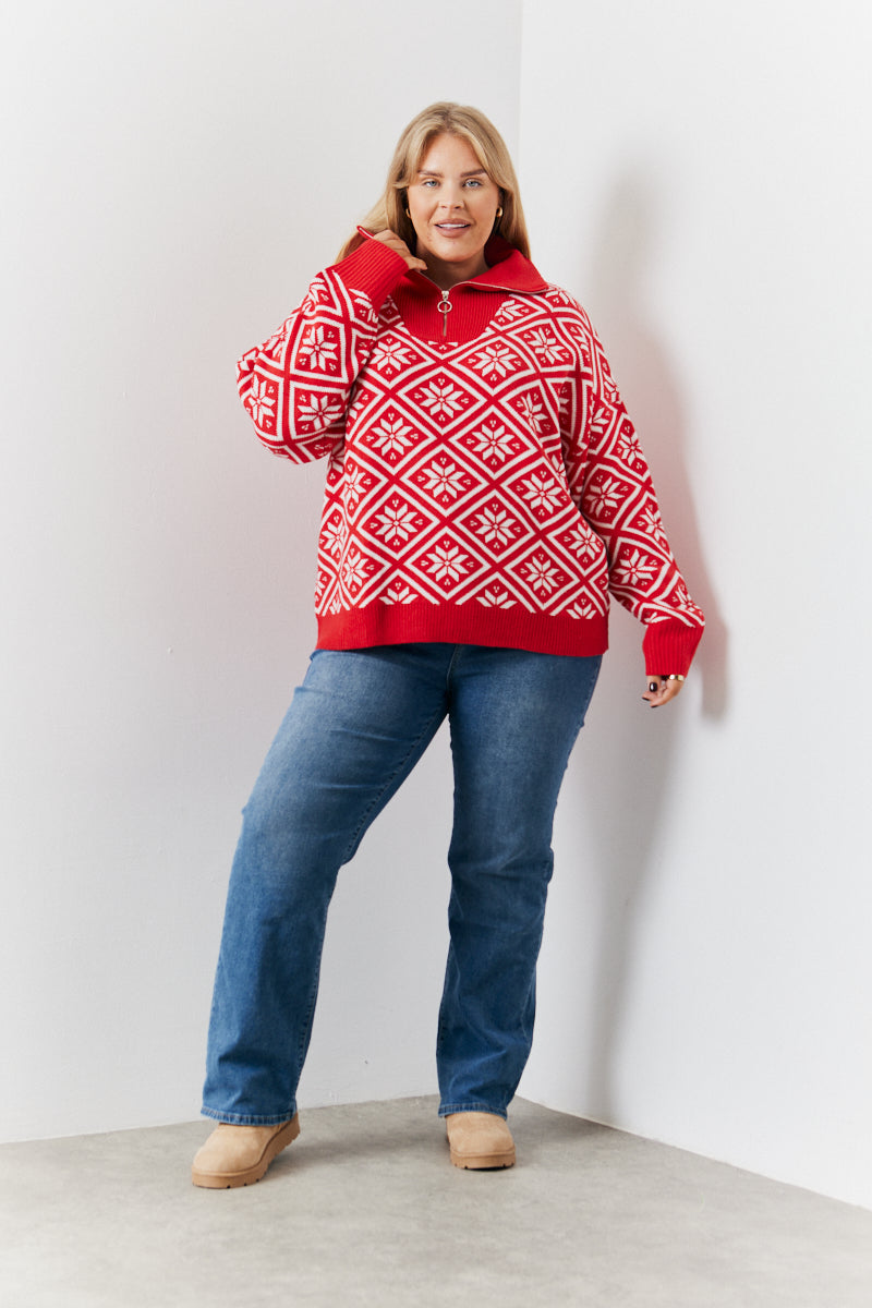 Half Zip Snowflake Fair Isle Knit Jumper