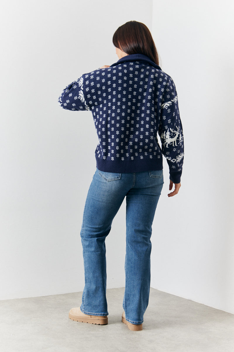 Half Zip Reindeer Fair Isle Knit Jumper