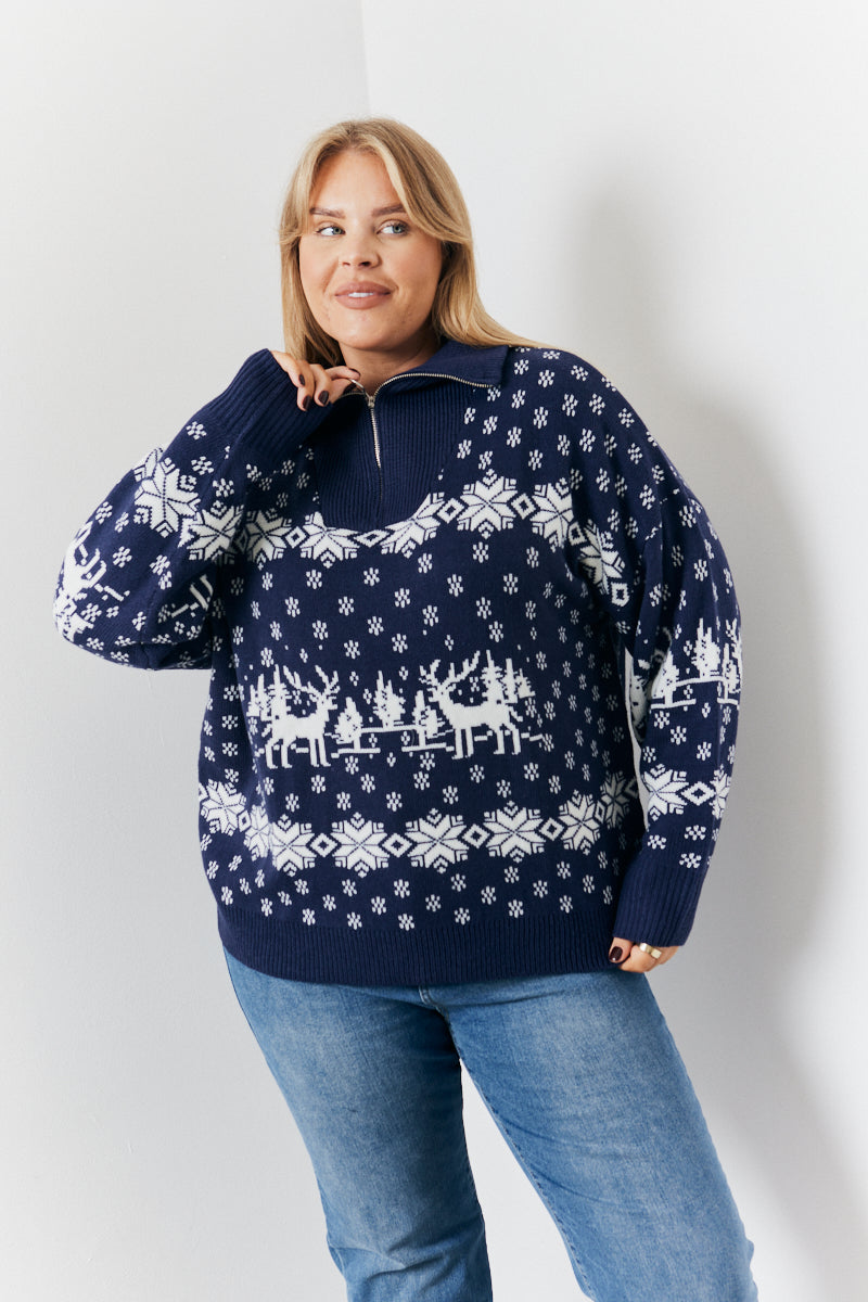 Half Zip Reindeer Fair Isle Knit Jumper