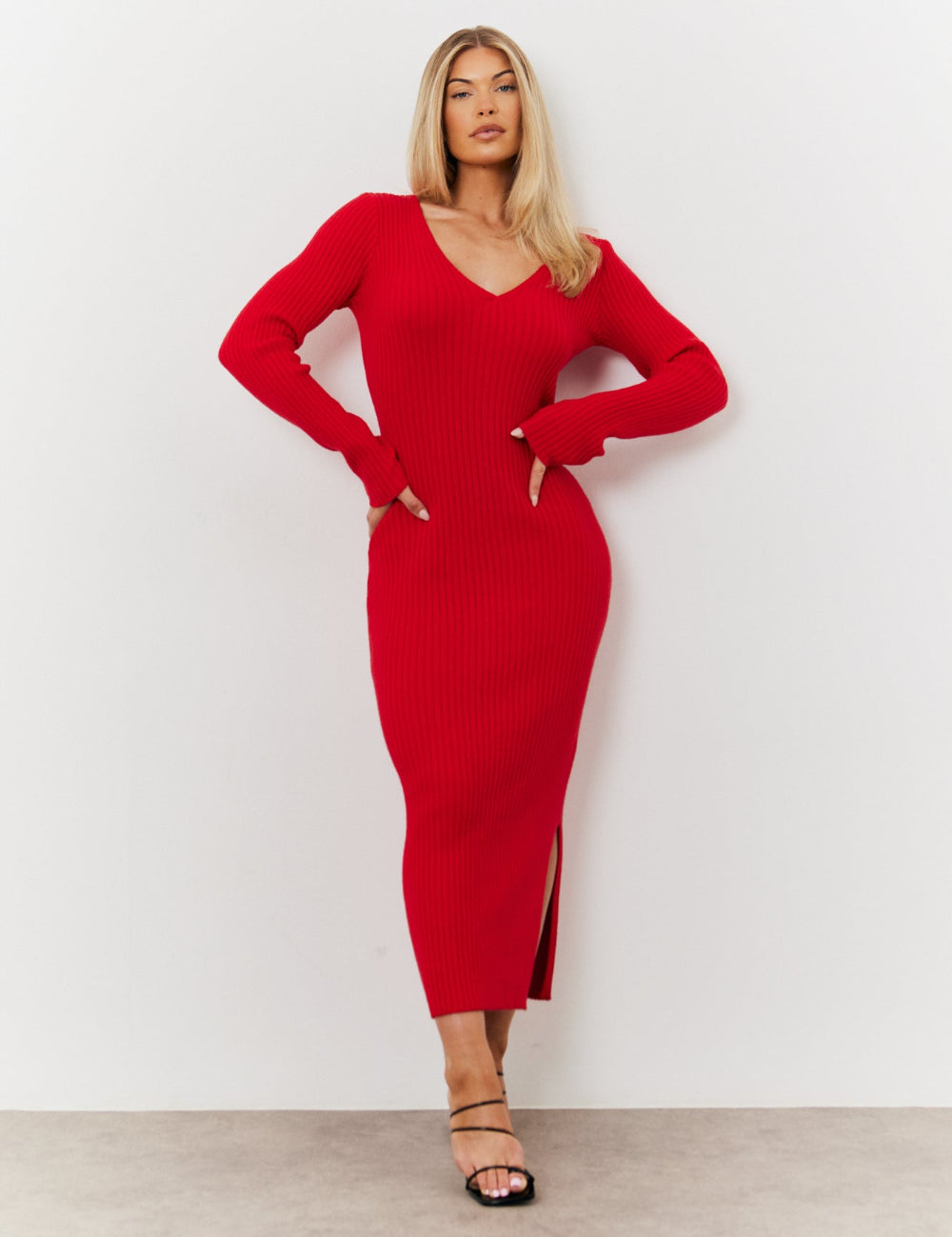 V Neck Rib Maxi Long Sleeve Dress