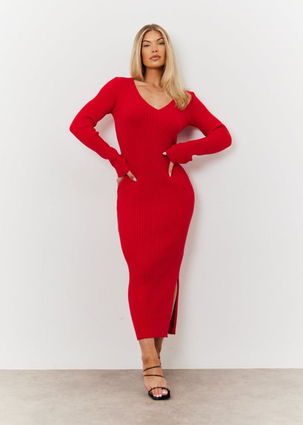 V Neck Rib Maxi Long Sleeve Dress