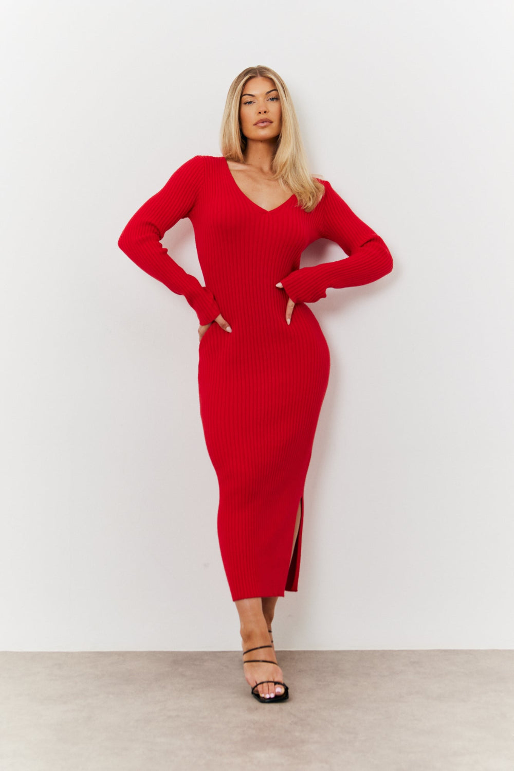 V Neck Rib Maxi Long Sleeve Dress