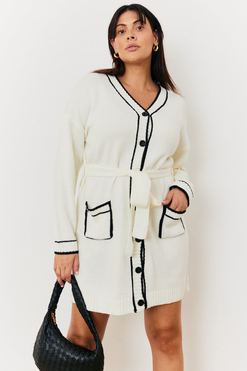 Contrast Binding Belted Knit Cardigan Dress