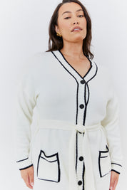 Contrast Binding Belted Knit Cardigan Dress