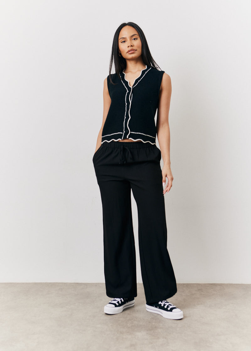 Black Knitted Contrast Scallop Edge Button Front Waistcoat