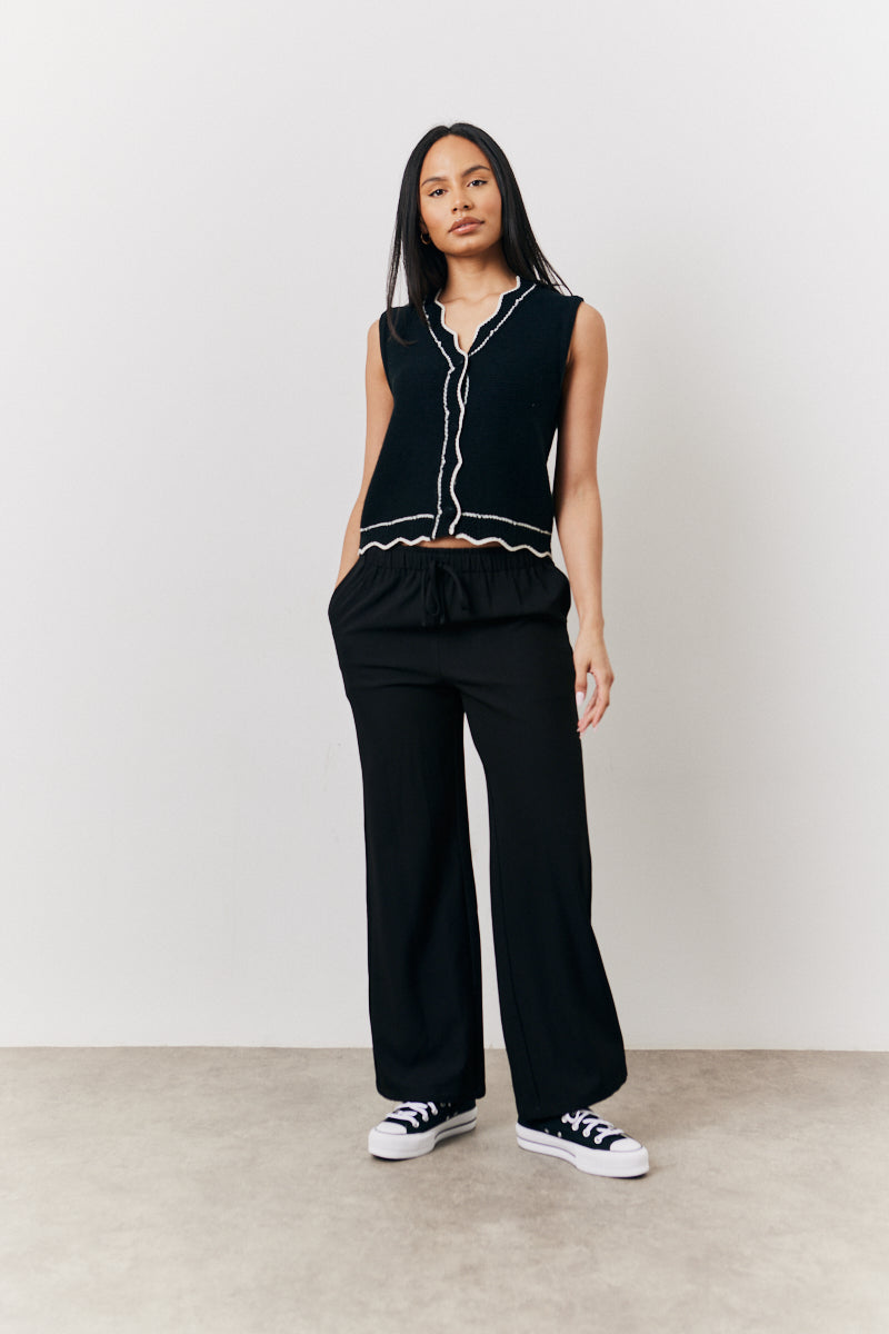 Black Knitted Contrast Scallop Edge Button Front Waistcoat