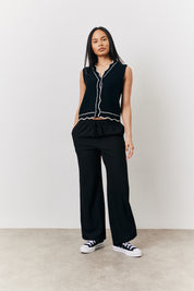 Black Knitted Contrast Scallop Edge Button Front Waistcoat