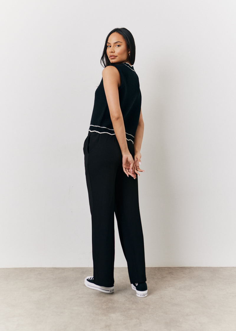 Black Knitted Contrast Scallop Edge Button Front Waistcoat