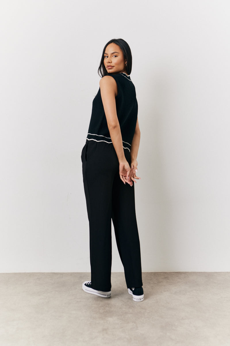 Black Knitted Contrast Scallop Edge Button Front Waistcoat