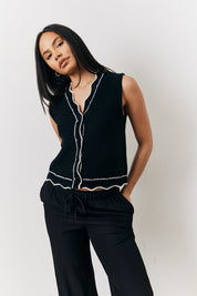 Black Knitted Contrast Scallop Edge Button Front Waistcoat