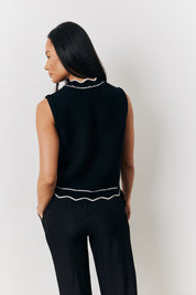 Black Knitted Contrast Scallop Edge Button Front Waistcoat