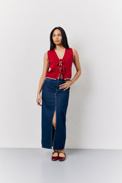 Red Contrast Edge Tie Front Knitted Waistcoat