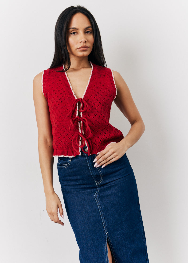 Red Contrast Edge Tie Front Knitted Waistcoat