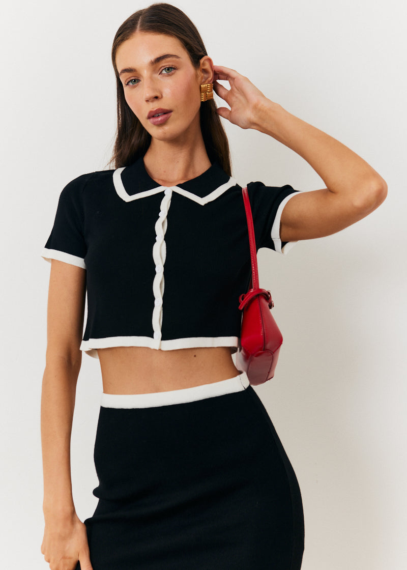 Contrast Piping Knit Co Ord Crop Top