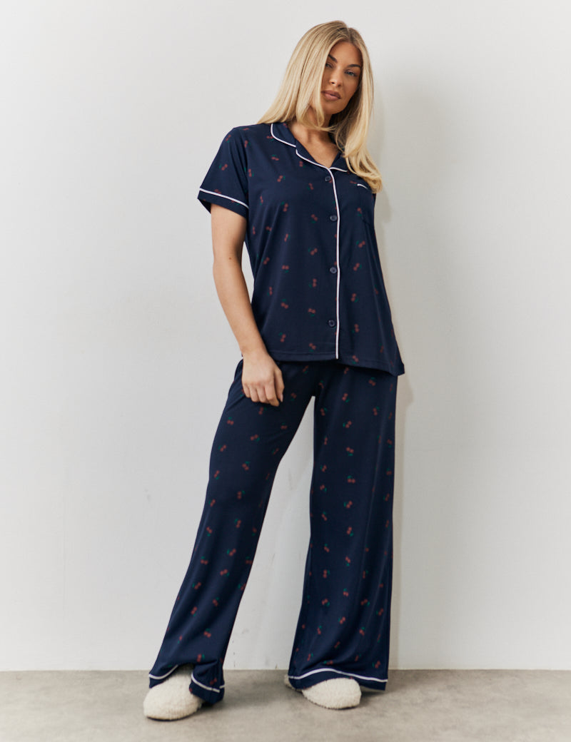 Navy Cherry Print Button Through Trouser Pj Set