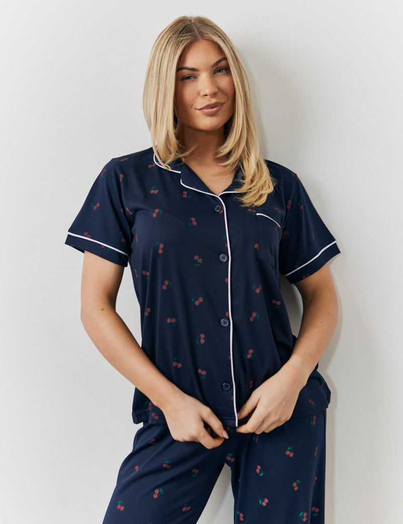 Navy Cherry Print Button Through Trouser Pj Set