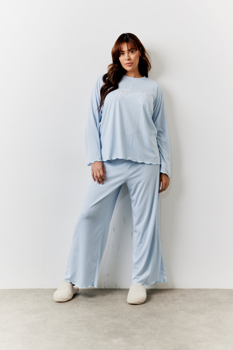 Blue Lettuce Hem Slogan Long Sleeve Top and Trouser Pj Set