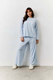 Blue Lettuce Hem Slogan Long Sleeve Top and Trouser Pj Set