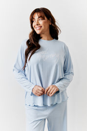 Blue Lettuce Hem Slogan Long Sleeve Top and Trouser Pj Set