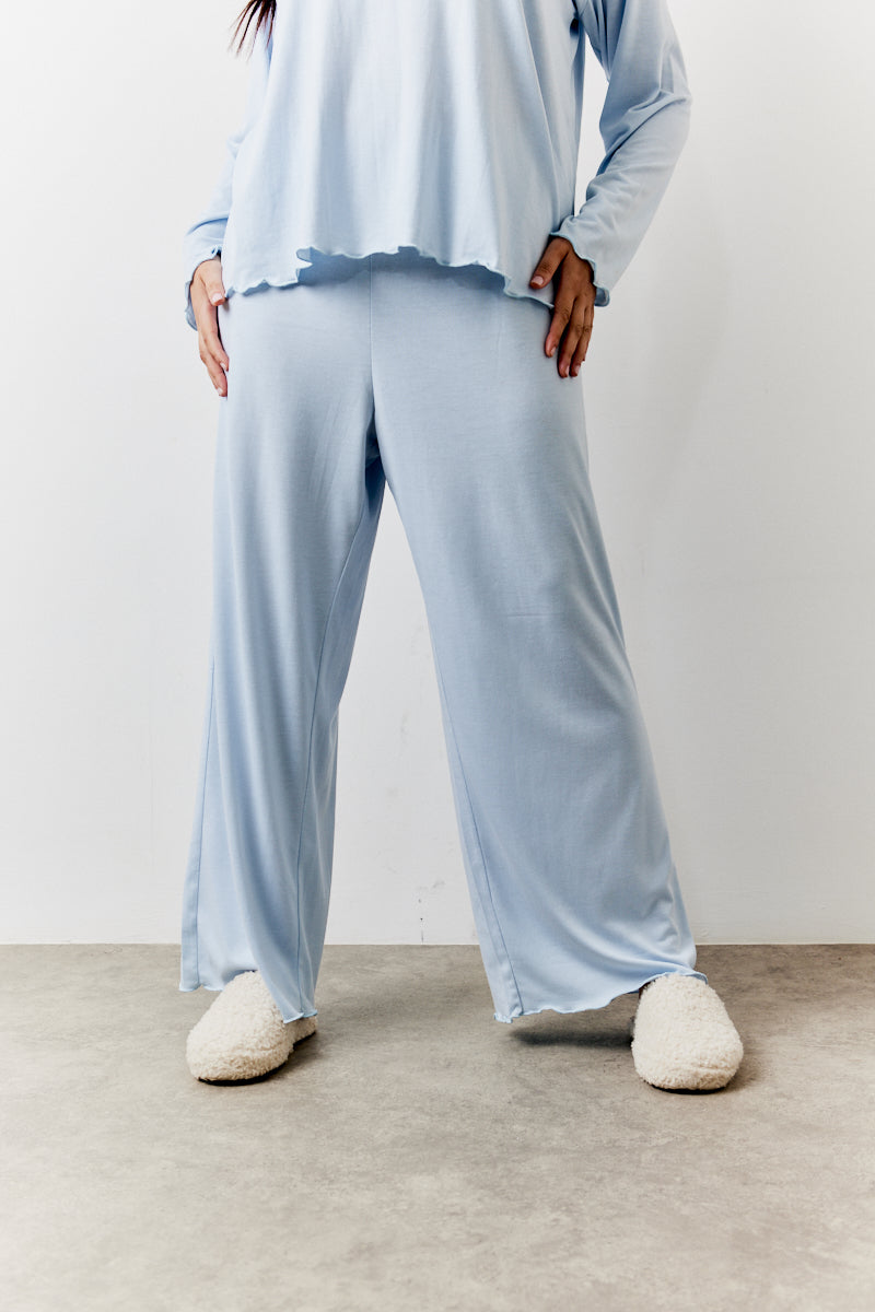 Blue Lettuce Hem Slogan Long Sleeve Top and Trouser Pj Set