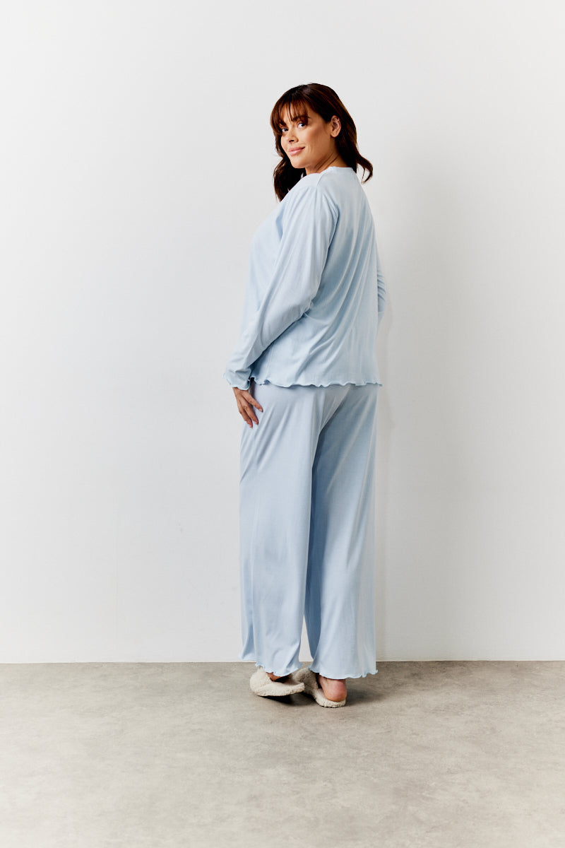 Blue Lettuce Hem Slogan Long Sleeve Top and Trouser Pj Set