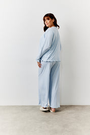 Blue Lettuce Hem Slogan Long Sleeve Top and Trouser Pj Set