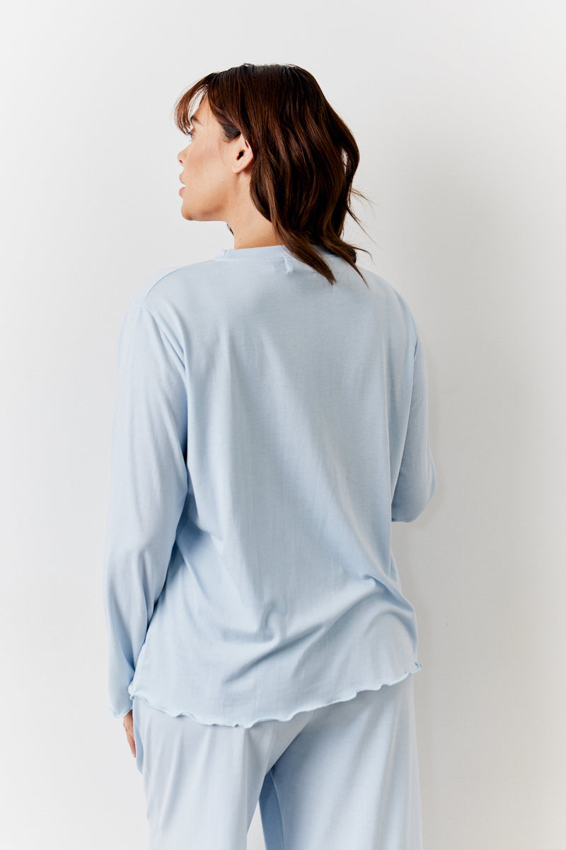 Blue Lettuce Hem Slogan Long Sleeve Top and Trouser Pj Set