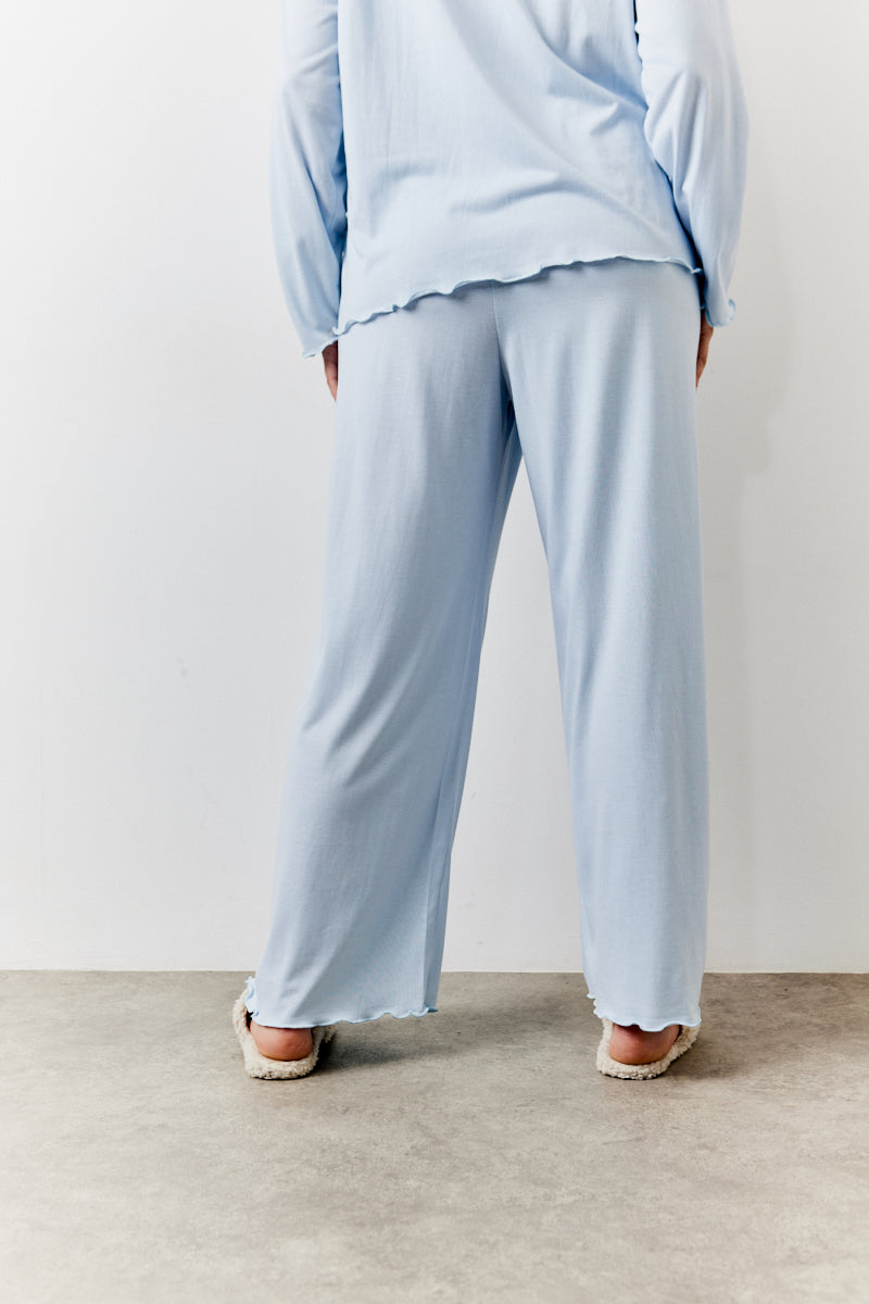 Blue Lettuce Hem Slogan Long Sleeve Top and Trouser Pj Set