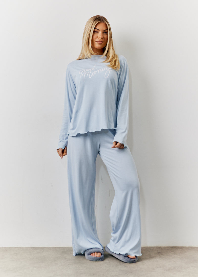 Blue Lettuce Hem Slogan Long Sleeve Top and Trouser Pj Set