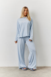 Blue Lettuce Hem Slogan Long Sleeve Top and Trouser Pj Set