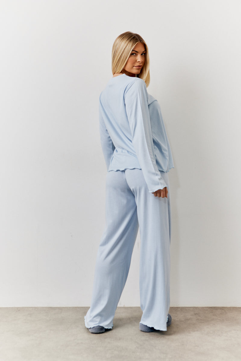 Blue Lettuce Hem Slogan Long Sleeve Top and Trouser Pj Set