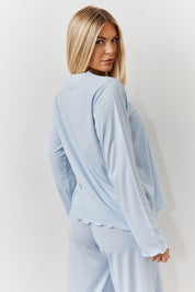 Blue Lettuce Hem Slogan Long Sleeve Top and Trouser Pj Set