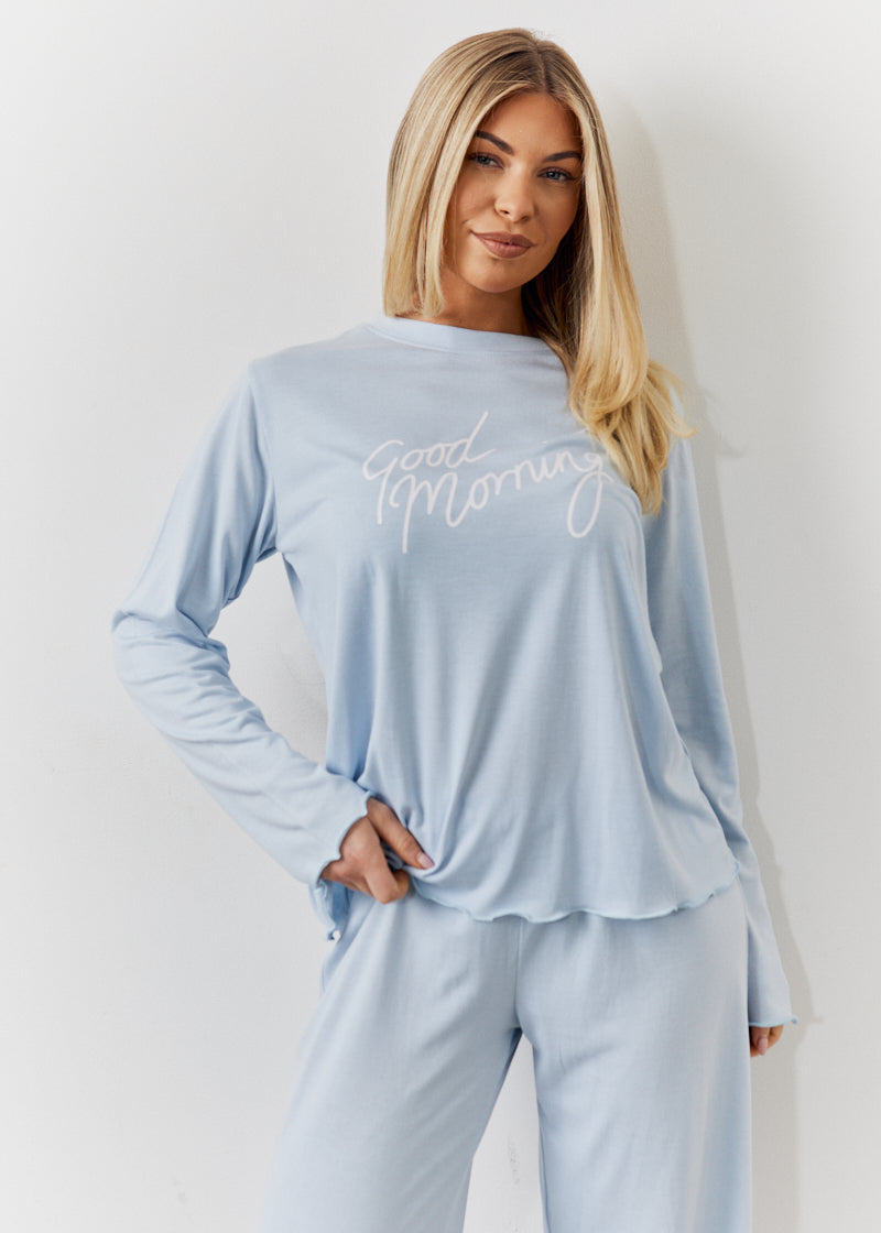 Blue Lettuce Hem Slogan Long Sleeve Top and Trouser Pj Set