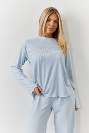 Blue Lettuce Hem Slogan Long Sleeve Top and Trouser Pj Set