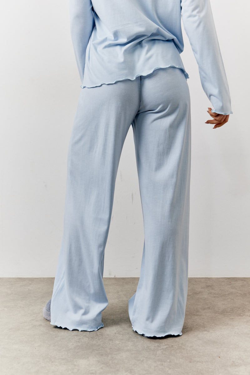 Blue Lettuce Hem Slogan Long Sleeve Top and Trouser Pj Set