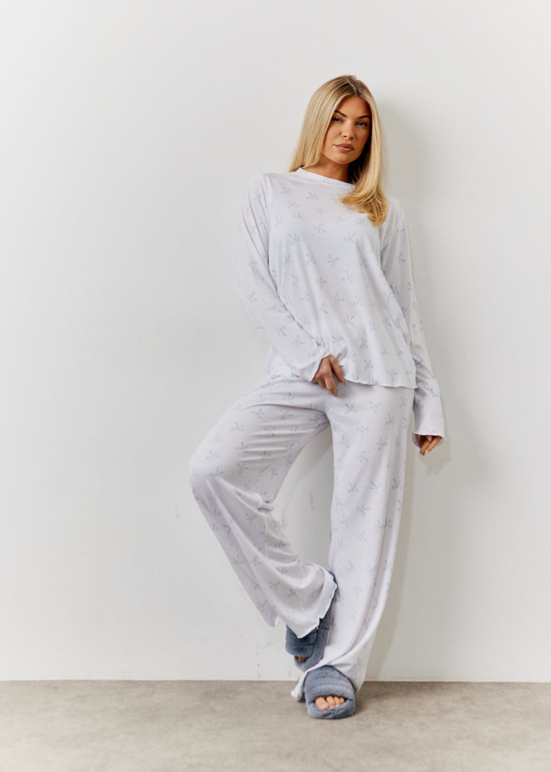 White Bow Print Long Sleeve Top and Trouser Pj Set
