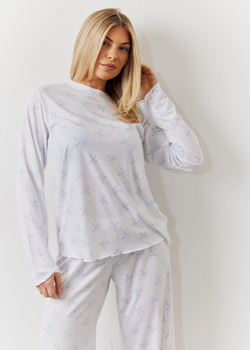 White Bow Print Long Sleeve Top and Trouser Pj Set