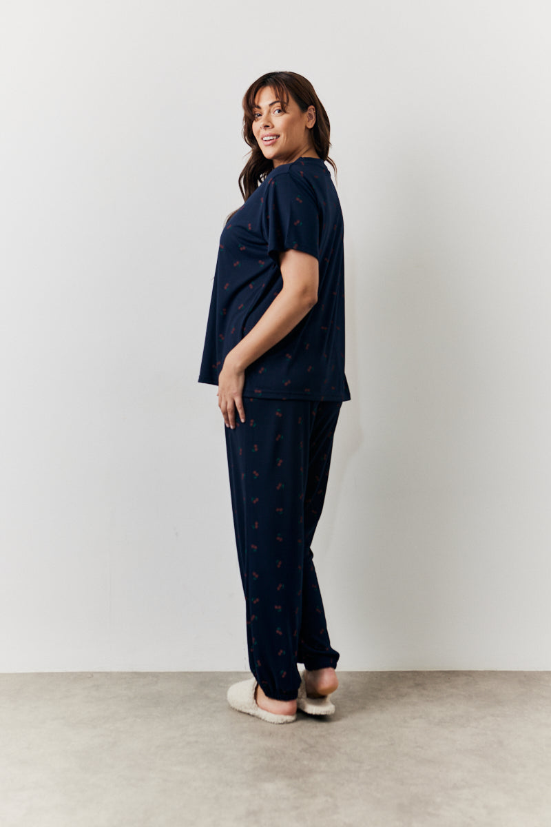 Navy Cherry Print T Shirt and Cuff Jogger Pj Set