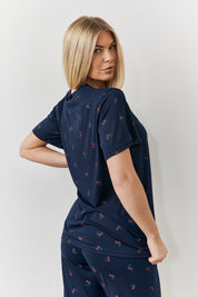 Navy Cherry Print T Shirt and Cuff Jogger Pj Set