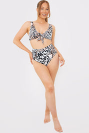 Control Ruched Detail Leapord Print High Waist Bikini Bottom