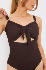 Textured Knot Front Cut Out Swimsuit