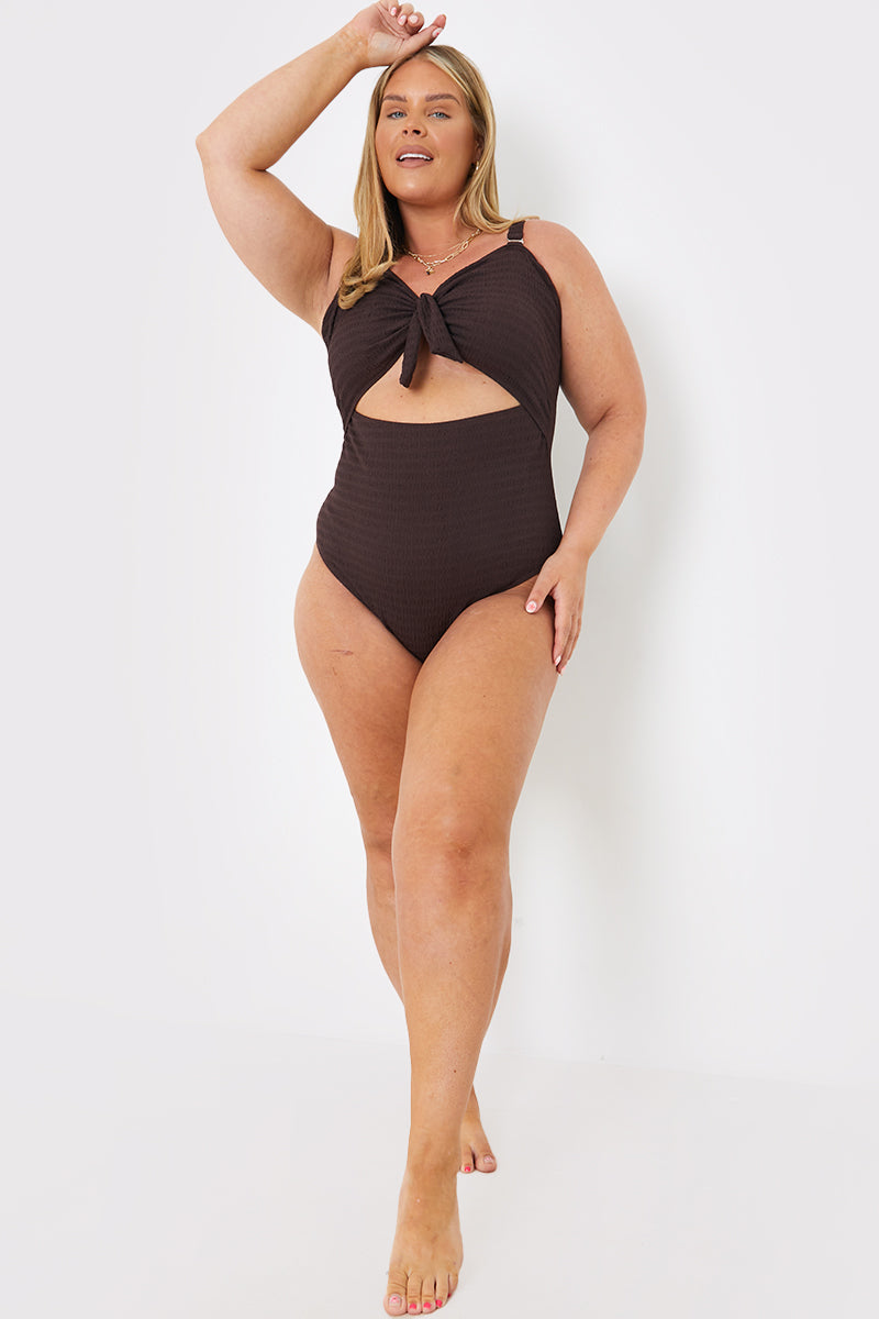 Textured Knot Front Cut Out Swimsuit
