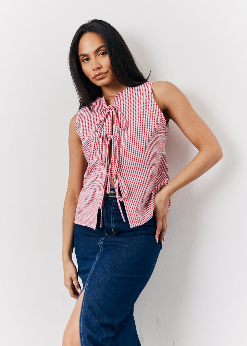 Red Gingham Tie Front Top