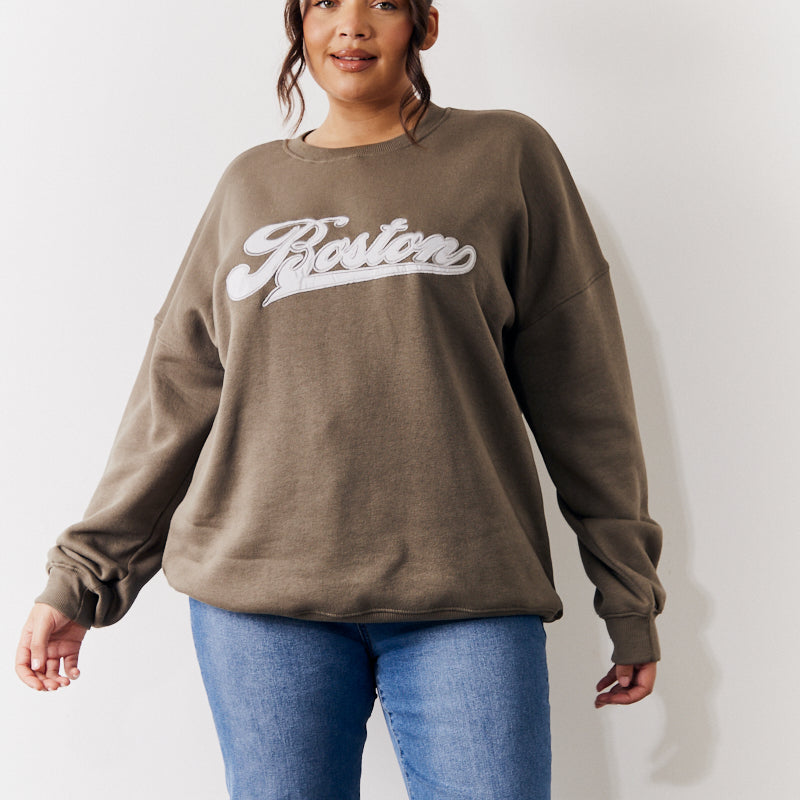 Embroidered Boston Slogan Crew Neck Sweater	