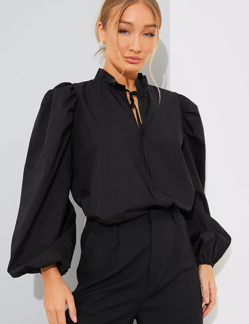 Cotton Puff Sleeve Tie Front Blouse