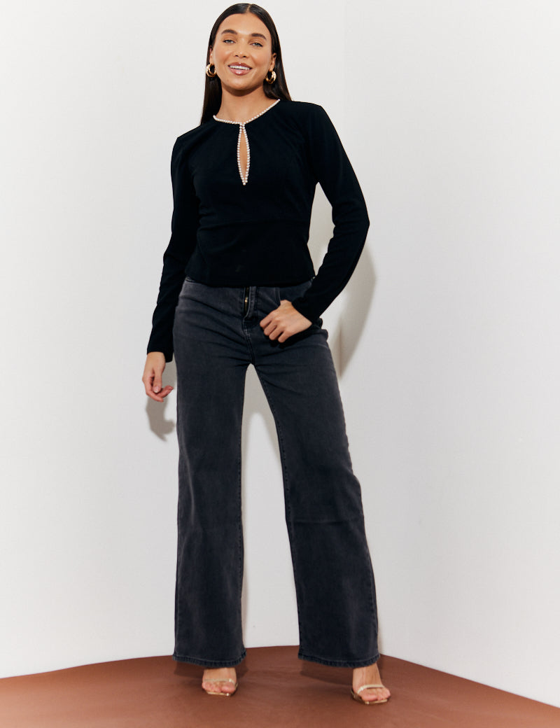 Pearl Trim Top with Cut Out