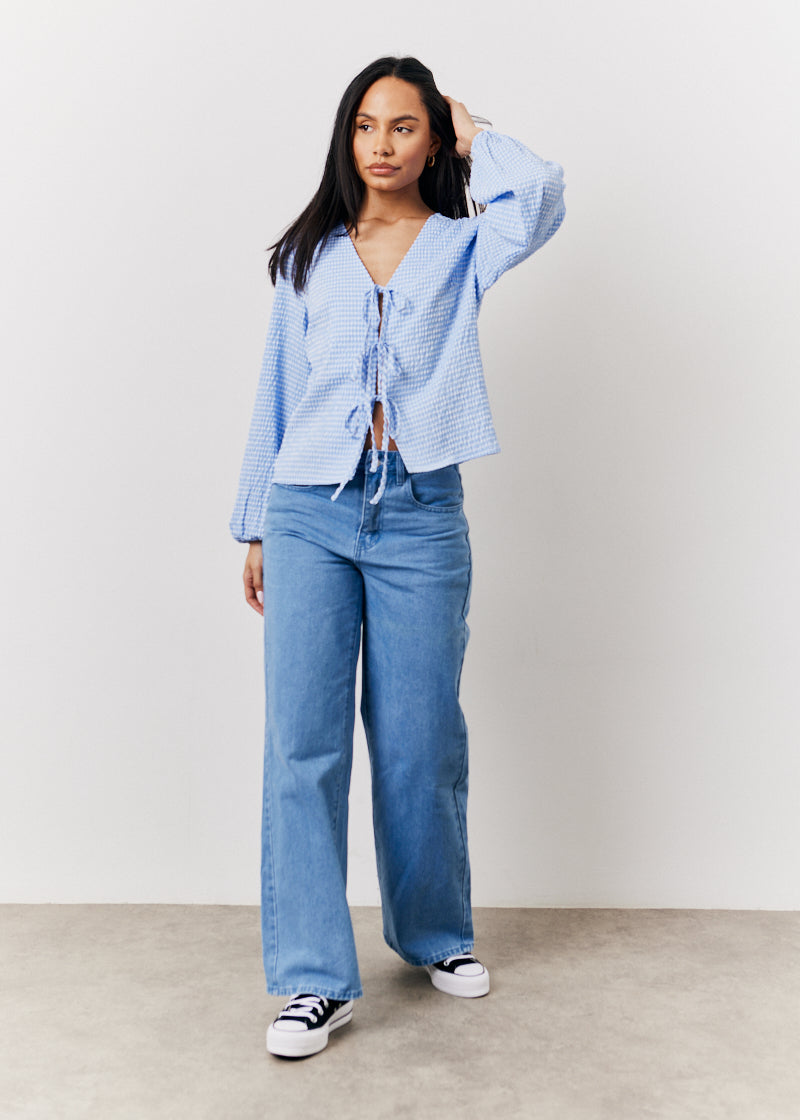Blue Gingham Tie Front Blouse