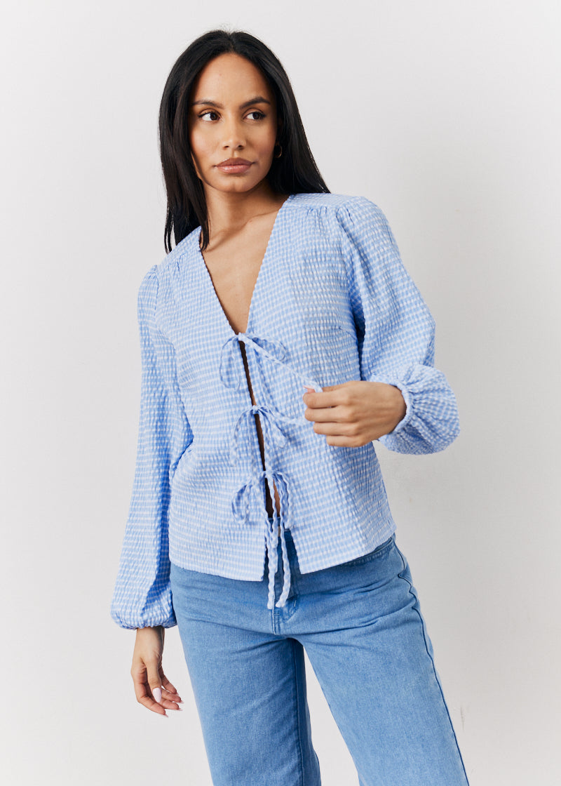 Blue Gingham Tie Front Blouse