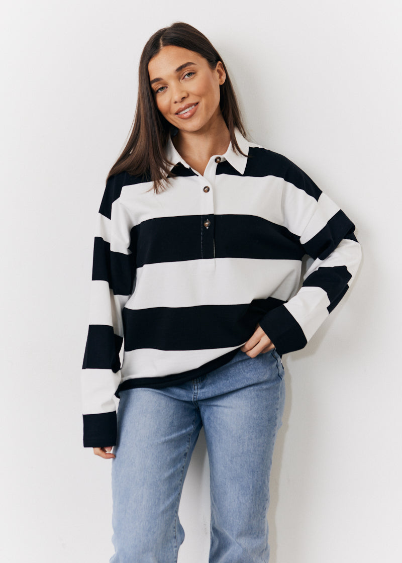 Black & White 90's Stripe Long Sleeve Rugby Shirt